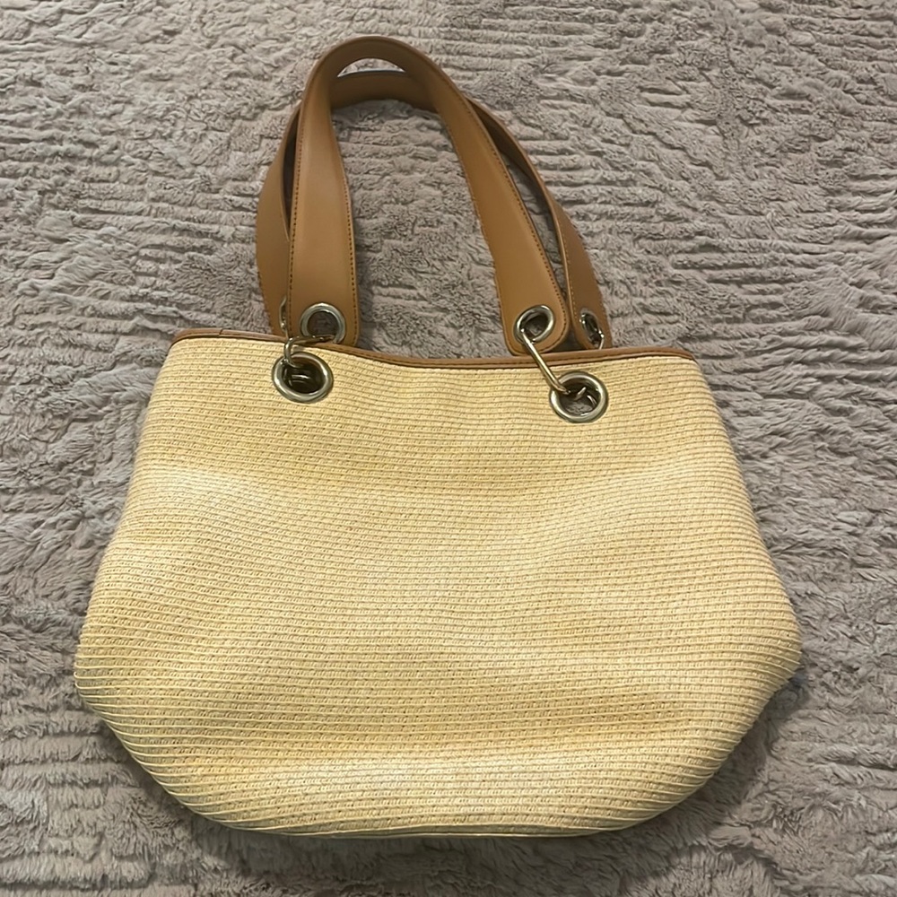 Talbots tan Straw bucket purse with green gingham check pattern fabric inside